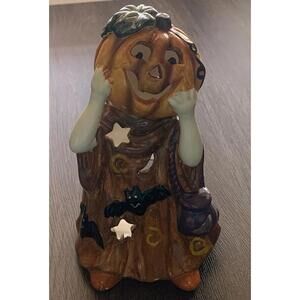 Vtg Halloween Ceramic Pumpkin Jack O Lantern Candle Holder Votive Tea Light 7”